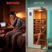 2 Person Extendable FAR Infrared Sauna for Home, Hemlock Wood Low EMF 6 Carbon Heaters Indoor Saunas with LED Lights, Bluetooth Speaker, Digital Control Panel, and Seating Bench — Before & After