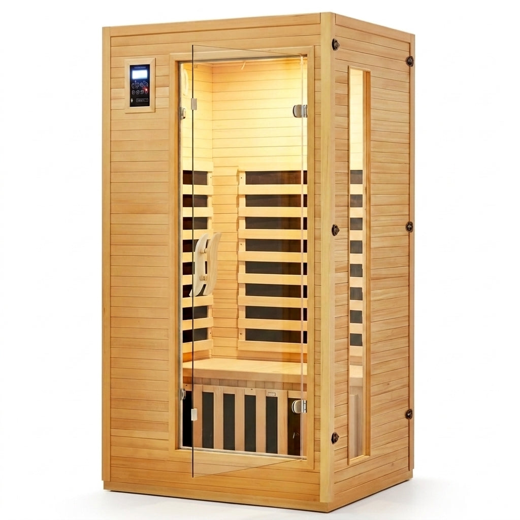 2024 Upgrade 1 to 2 Person Infrared Sauna, Low EMF Infrared Sauna for Home, Indoor Sauna Room, Hemlock Wooden Far Infrared Sauna, Dry Sauna with Bluetooth Speakers, LED Reading and Chromotherapy Lamp — Studio Shot