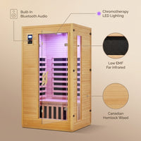 2024 Upgrade 1 to 2 Person Infrared Sauna, Low EMF Infrared Sauna for Home, Indoor Sauna Room, Hemlock Wooden Far Infrared Sauna, Dry Sauna with Bluetooth Speakers, LED Reading and Chromotherapy Lamp — infographic