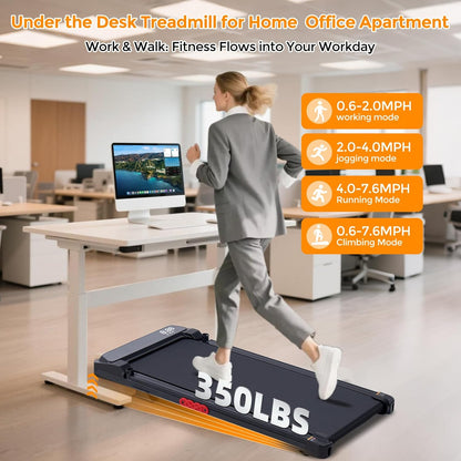 Electric Walking Pad Treadmill with Handle Bar Incline for Home, Portable Walking Pad Treadmill with Handles for Home Small, 3.0HP Mini under Desk Treadmill for Exercising, 0.6-7.6MPH, 350LB