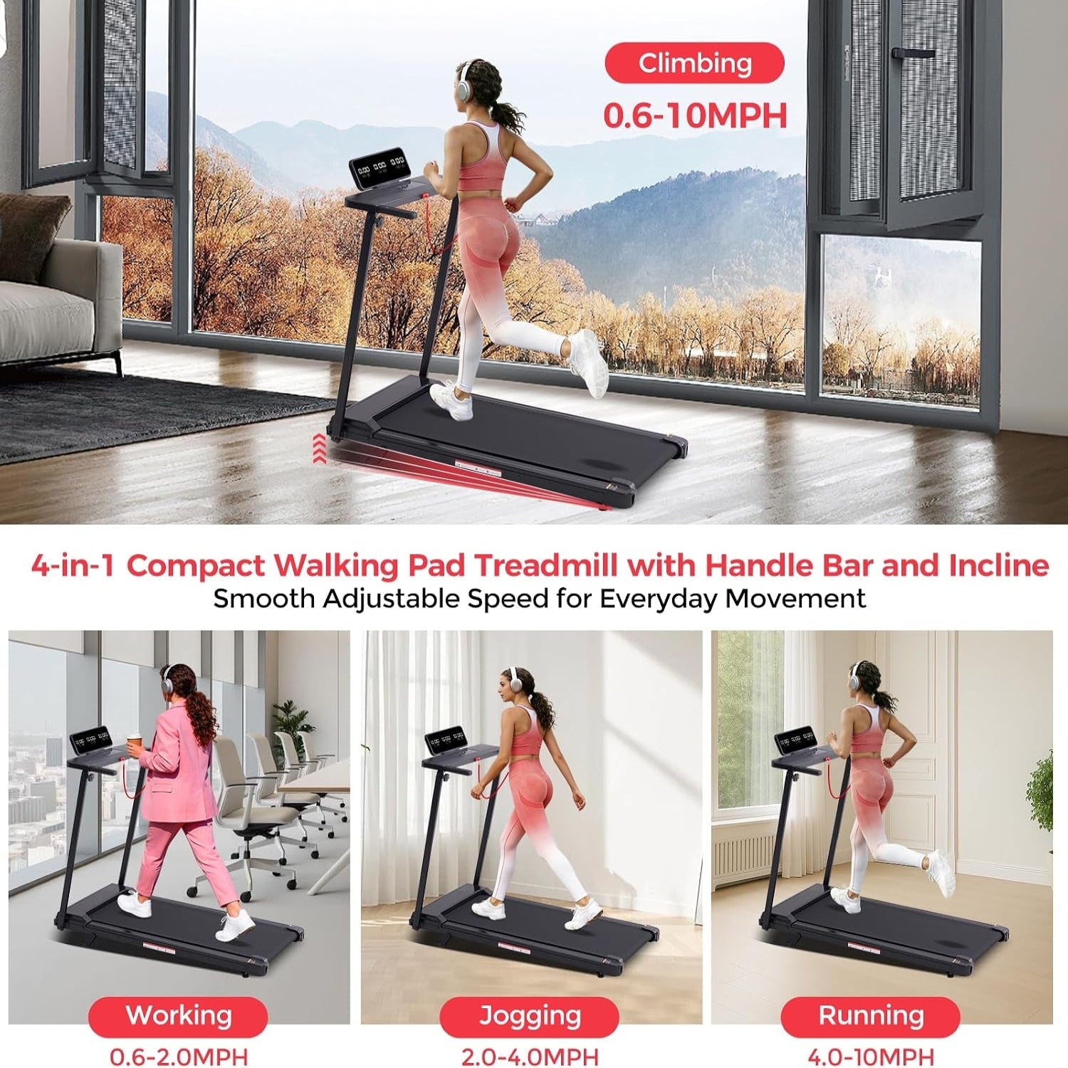 Walking Pad with Handle Bar, 2026 Upgrade Portable Small Treadmill with Handles for Home Small, 3.0HP under Desk Walking Pad Treadmill with Incline, 0.6-7.6MPH, 350LBS