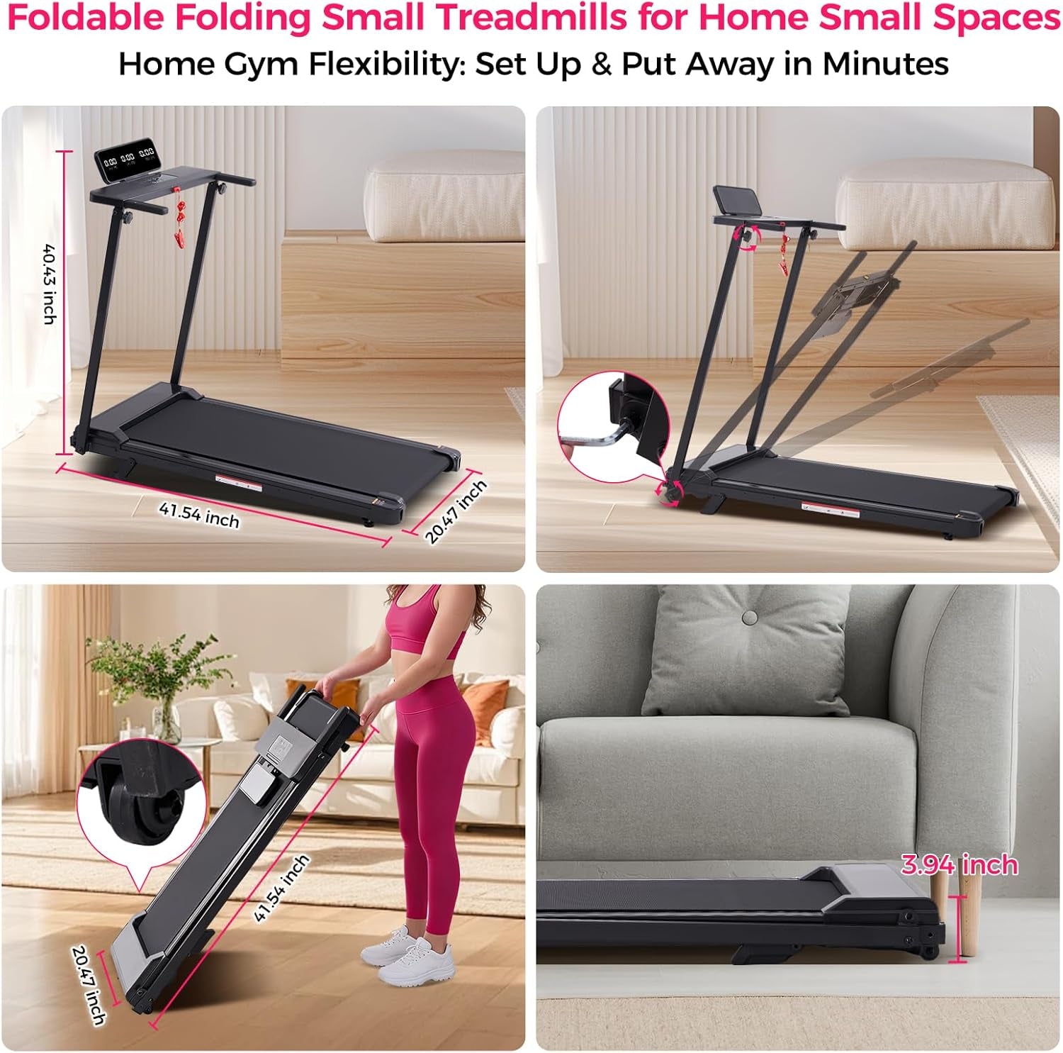 Electric Treadmills for Home Exercising, 0.6-10MPH Portable Treadmills for Home Small Spaces, 3.5HP Mini Treadmills with Handles, 400LB Walking Pad Treadmill with Handle Bar and Incline