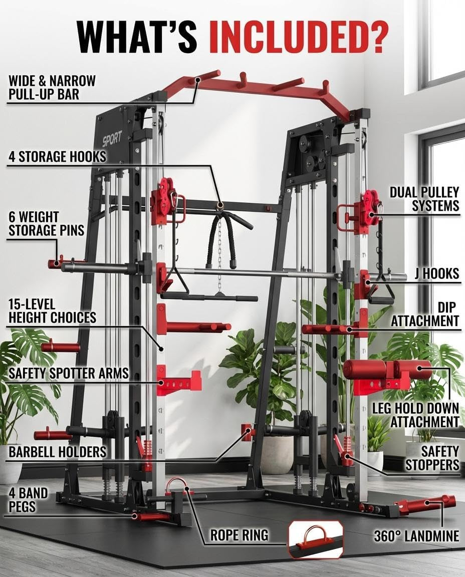 Smith Machine Home Gym All-In-1, 2200LBS Power Cage with Dual Cable Pulley Systems, LAT Pull-Down & Leg Hold-Down | Complete Strength Training Equipment for Full Body Workouts