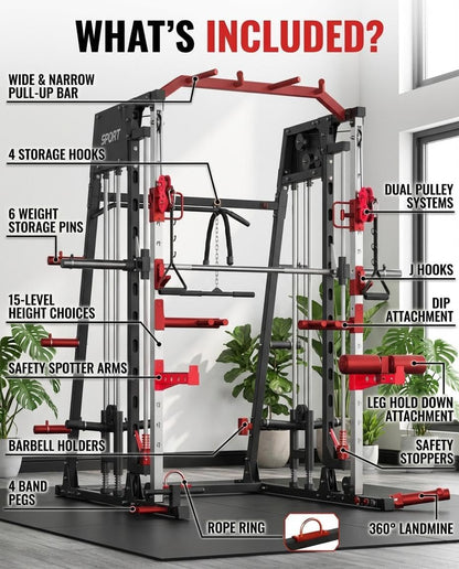 Smith Machine Home Gym All-In-1, 2200LBS Power Cage with Dual Cable Pulley Systems, LAT Pull-Down & Leg Hold-Down | Complete Strength Training Equipment for Full Body Workouts