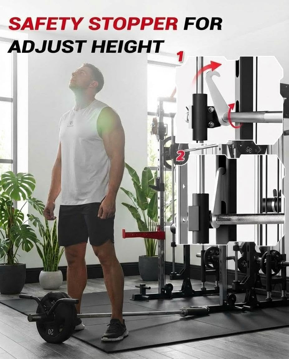 Smith Machine Home Gym All-In-1, 2200LBS Power Cage with Dual Cable Pulley Systems, LAT Pull-Down & Leg Hold-Down | Complete Strength Training Equipment for Full Body Workouts