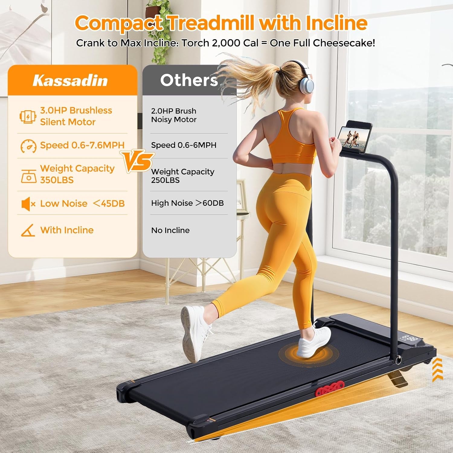 Electric Walking Pad Treadmill with Handle Bar Incline for Home, Portable Walking Pad Treadmill with Handles for Home Small, 3.0HP Mini under Desk Treadmill for Exercising, 0.6-7.6MPH, 350LB