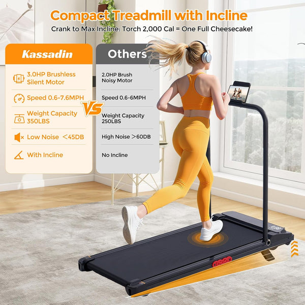 Electric Walking Pad Treadmill with Handle Bar Incline for Home, Portable Walking Pad Treadmill with Handles for Home Small, 3.0HP Mini under Desk Treadmill for Exercising, 0.6-7.6MPH, 350LB
