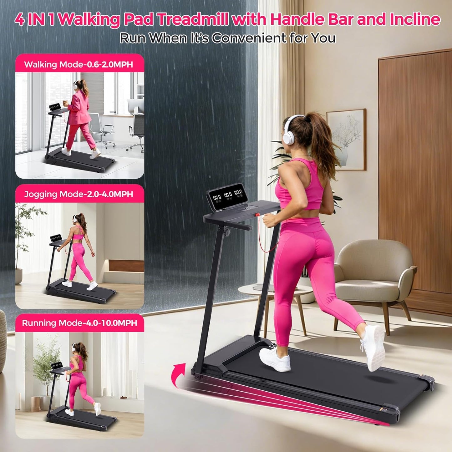 Electric Treadmills for Home Exercising, 0.6-10MPH Portable Treadmills for Home Small Spaces, 3.5HP Mini Treadmills with Handles, 400LB Walking Pad Treadmill with Handle Bar and Incline
