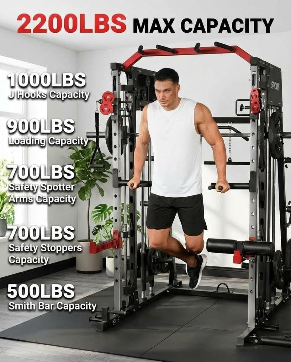 Smith Machine Home Gym All-In-1, 2200LBS Power Cage with Dual Cable Pulley Systems, LAT Pull-Down & Leg Hold-Down | Complete Strength Training Equipment for Full Body Workouts