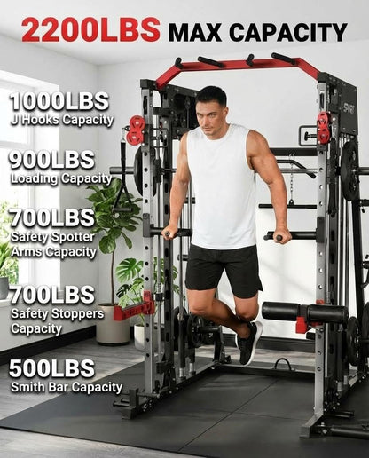 Smith Machine Home Gym All-In-1, 2200LBS Power Cage with Dual Cable Pulley Systems, LAT Pull-Down & Leg Hold-Down | Complete Strength Training Equipment for Full Body Workouts