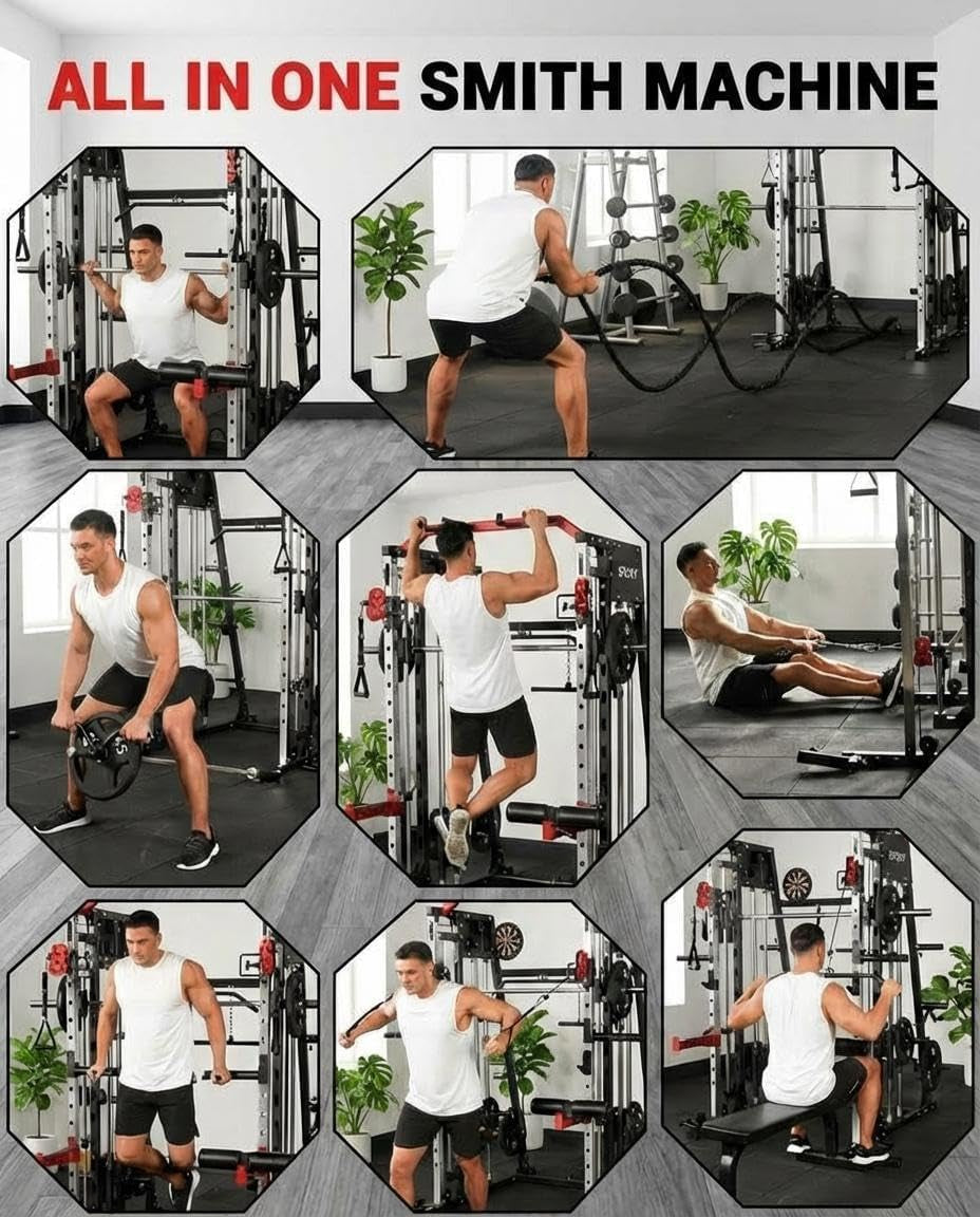 Smith Machine Home Gym All-In-1, 2200LBS Power Cage with Dual Cable Pulley Systems, LAT Pull-Down & Leg Hold-Down | Complete Strength Training Equipment for Full Body Workouts