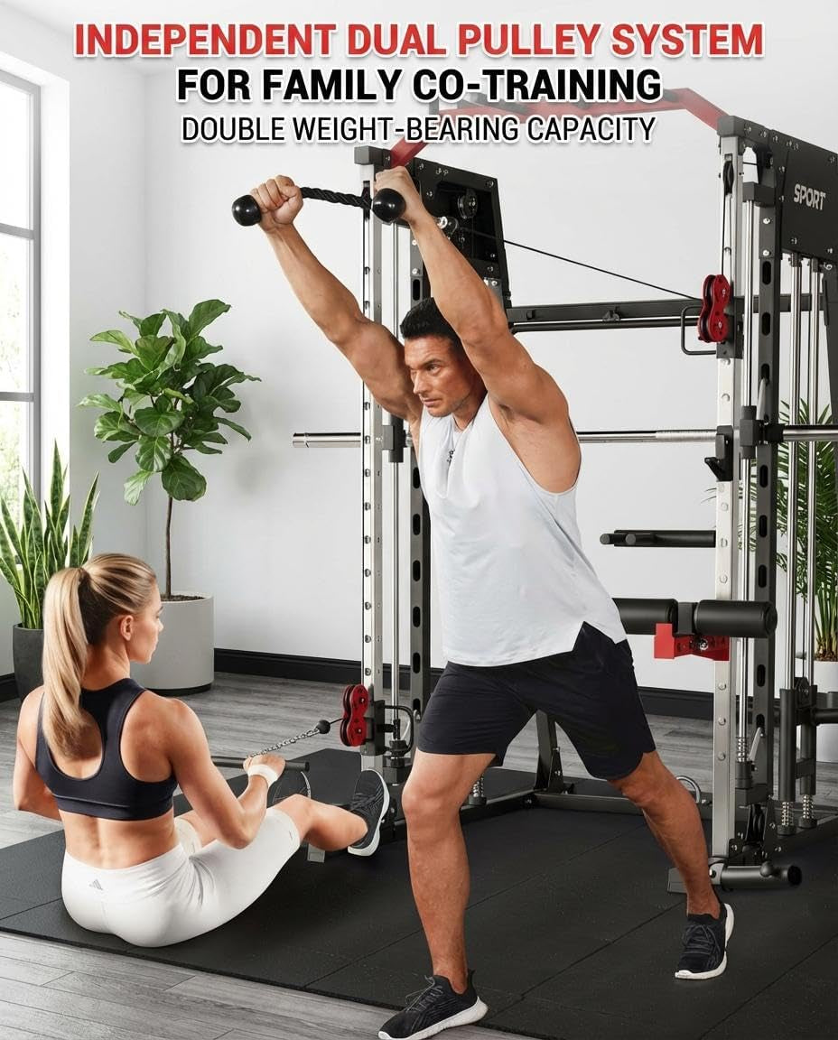 Smith Machine Home Gym All-In-1, 2200LBS Power Cage with Dual Cable Pulley Systems, LAT Pull-Down & Leg Hold-Down | Complete Strength Training Equipment for Full Body Workouts