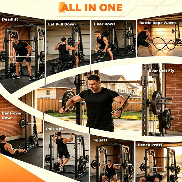 Smith Machine Home Gym, 2200LB Power Cage with Dual Pulley Cable Systems, LAT Pull-Down, Leg Hold-Down & 20+ Attachments for Full Body Workouts