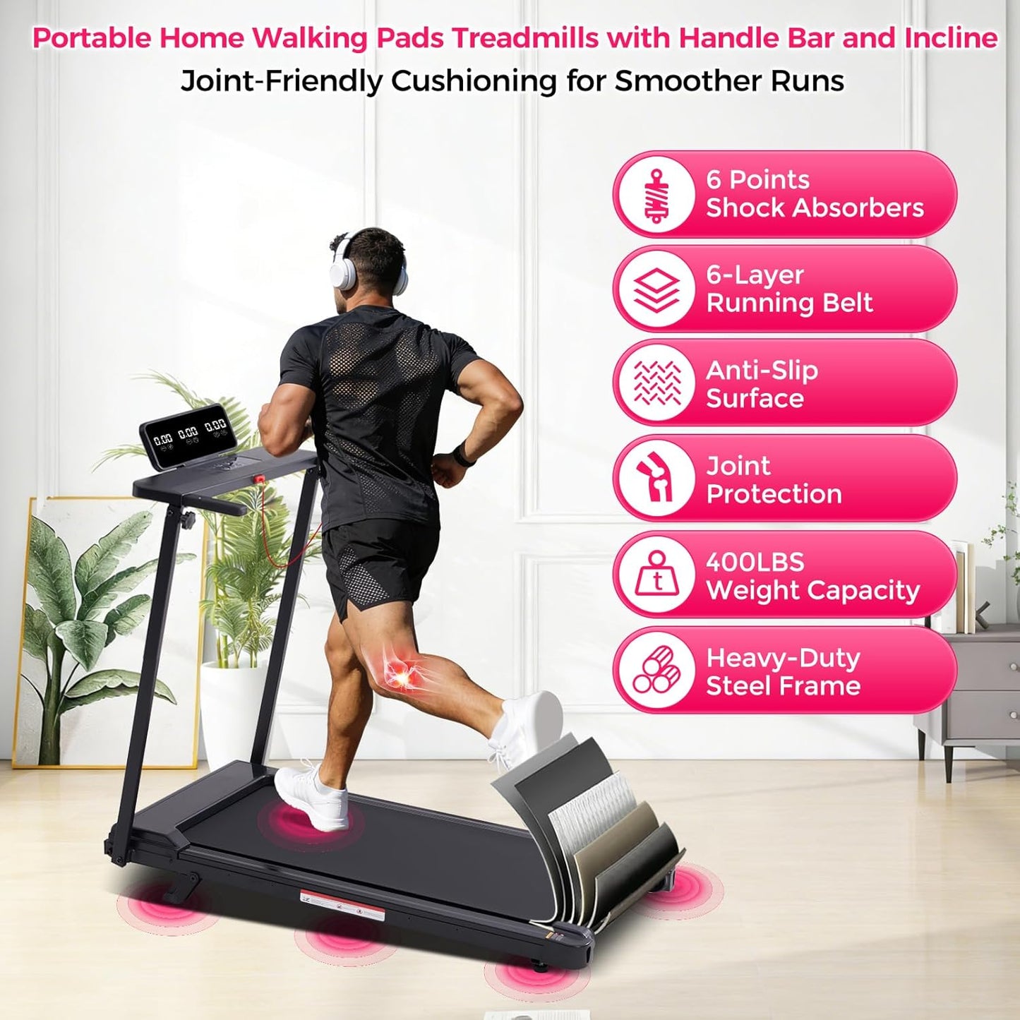 Electric Treadmills for Home Exercising, 0.6-10MPH Portable Treadmills for Home Small Spaces, 3.5HP Mini Treadmills with Handles, 400LB Walking Pad Treadmill with Handle Bar and Incline