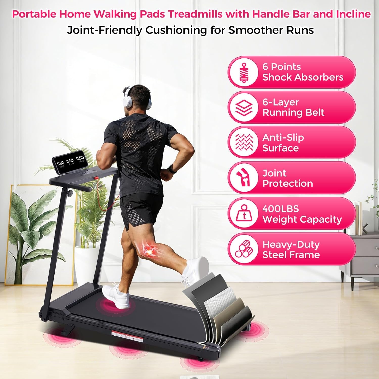 Electric Treadmills for Home Exercising, 0.6-10MPH Portable Treadmills for Home Small Spaces, 3.5HP Mini Treadmills with Handles, 400LB Walking Pad Treadmill with Handle Bar and Incline