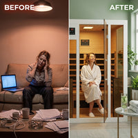 Home Infrared Sauna Built for Wellness, Hemlock Wood, 6 Carbon Heaters, Digital Controls, LED Lights — Before & After