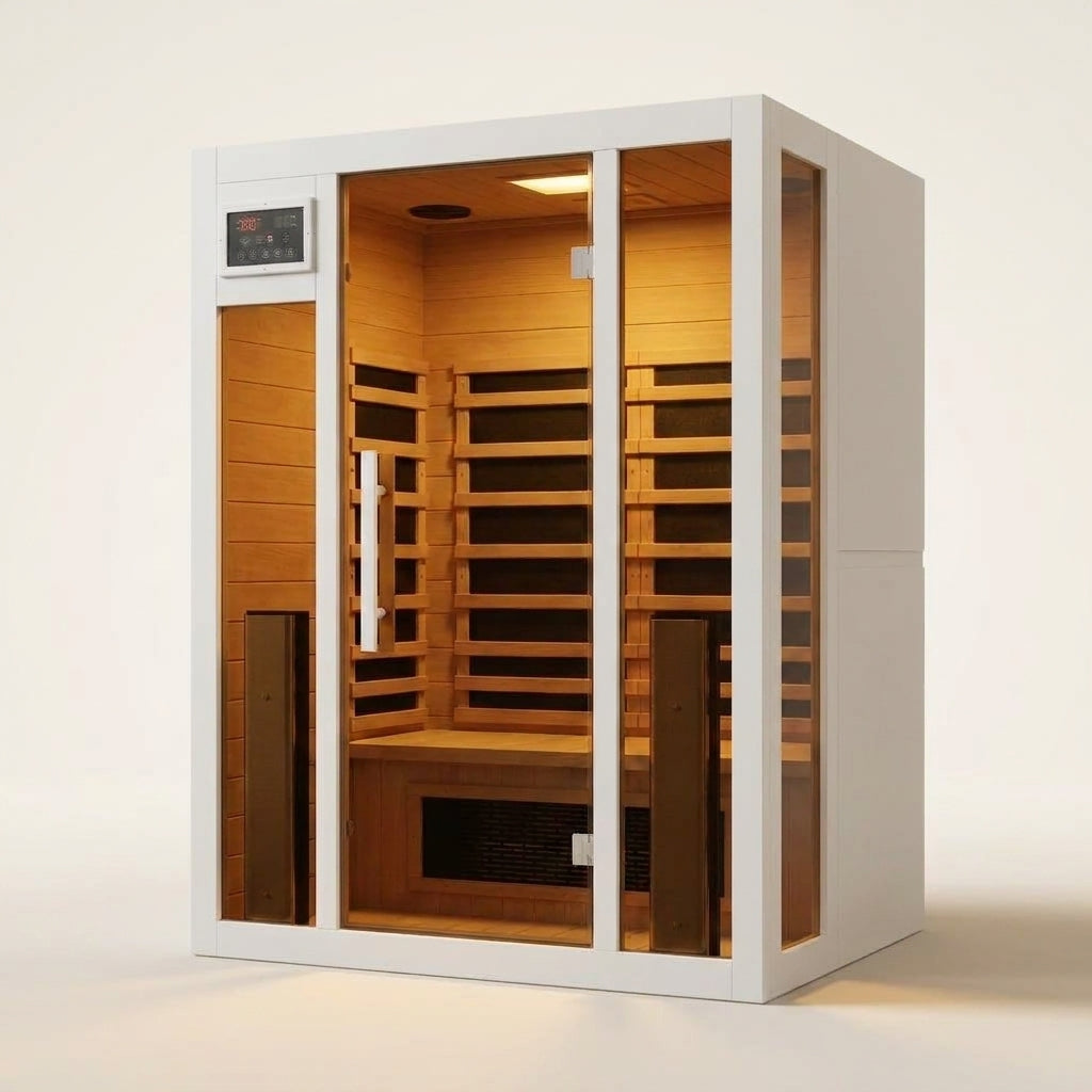 Home Infrared Sauna Built for Wellness, Hemlock Wood, 6 Carbon Heaters, Digital Controls, LED Lights — Studio Shot