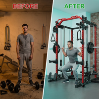 Smith Machine Home Gym, Multi-Function Power Cage with Dual Pulley Cable Crossover System, All-In-One Squat Rack with Smith Bar and Strength Training Attachments for Full-Body Workouts — Before & After