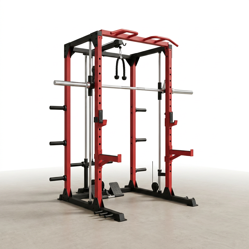 Smith Machine Home Gym, Multi-Function Power Cage with Dual Pulley Cable Crossover System, All-In-One Squat Rack with Smith Bar and Strength Training Attachments for Full-Body Workouts