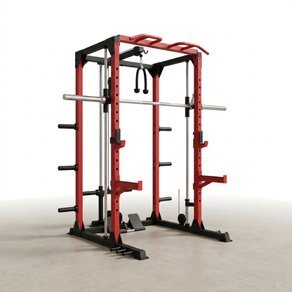Smith Machine Home Gym, Multi-Function Power Cage with Dual Pulley Cable Crossover System, All-In-One Squat Rack with Smith Bar and Strength Training Attachments for Full-Body Workouts