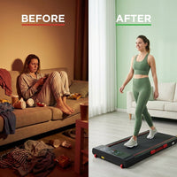 Walking Pad with Handle Bar, 2026 Upgrade Portable Small Treadmill with Handles for Home Small, 3.0HP under Desk Walking Pad Treadmill with Incline, 0.6-7.6MPH, 350LBS — Before & After