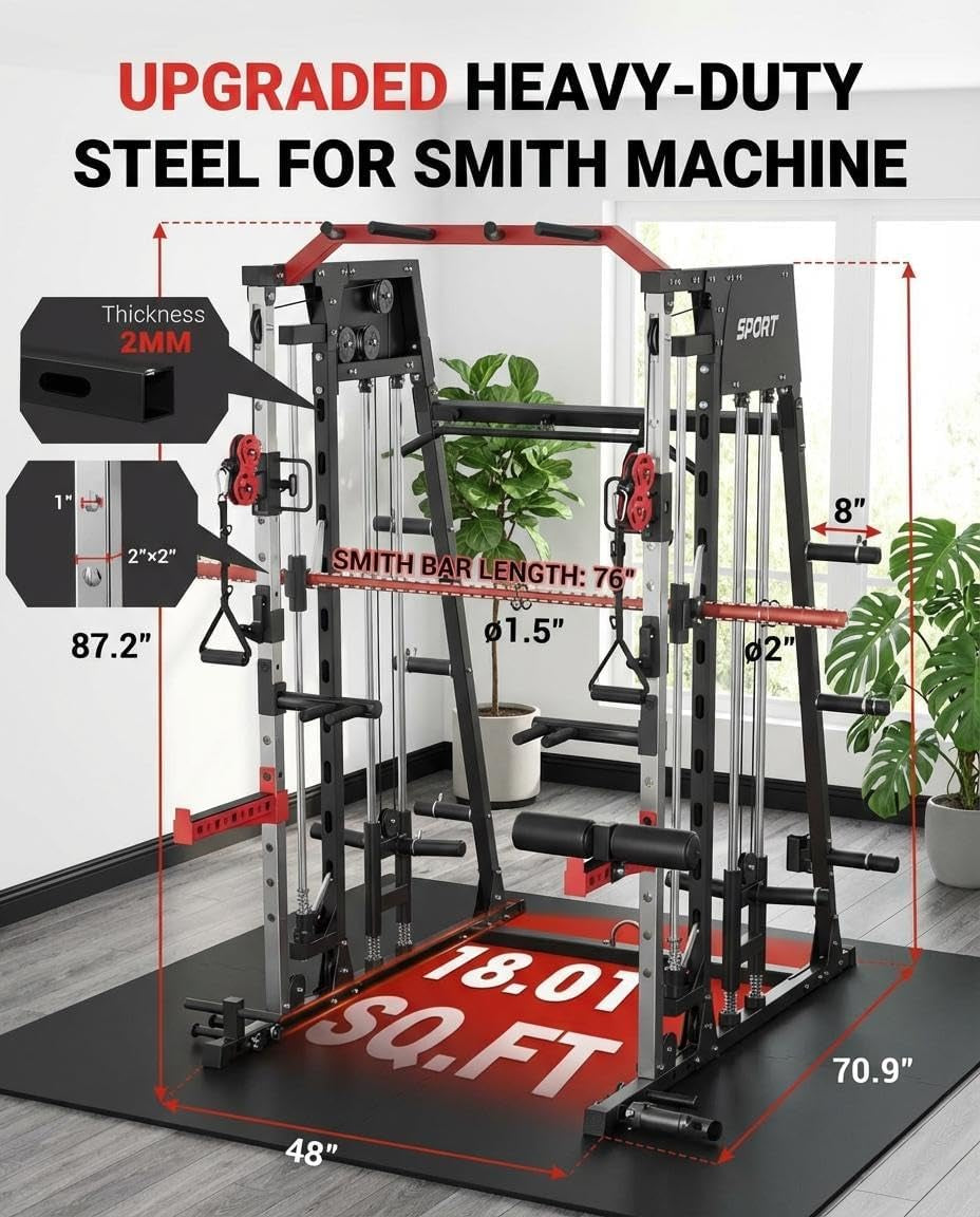 Smith Machine Home Gym All-In-1, 2200LBS Power Cage with Dual Cable Pulley Systems, LAT Pull-Down & Leg Hold-Down | Complete Strength Training Equipment for Full Body Workouts