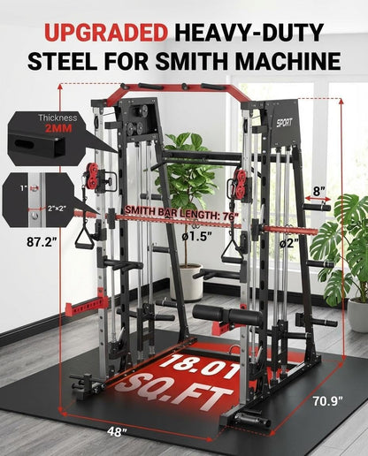 Smith Machine Home Gym All-In-1, 2200LBS Power Cage with Dual Cable Pulley Systems, LAT Pull-Down & Leg Hold-Down | Complete Strength Training Equipment for Full Body Workouts