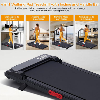 Electric Walking Pad Treadmill with Handle Bar Incline for Home, Portable Walking Pad Treadmill with Handles for Home Small, 3.0HP Mini under Desk Treadmill for Exercising, 0.6-7.6MPH, 350LB