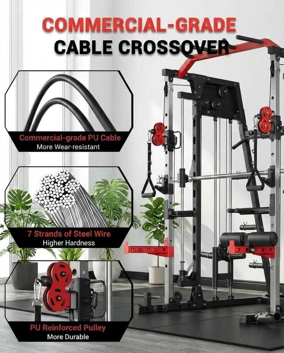 Smith Machine Home Gym All-In-1, 2200LBS Power Cage with Dual Cable Pulley Systems, LAT Pull-Down & Leg Hold-Down | Complete Strength Training Equipment for Full Body Workouts