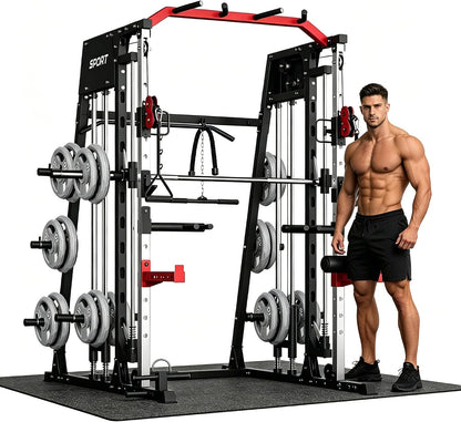Smith Machine Home Gym All-In-1, 2200LBS Power Cage with Dual Cable Pulley Systems, LAT Pull-Down & Leg Hold-Down | Complete Strength Training Equipment for Full Body Workouts