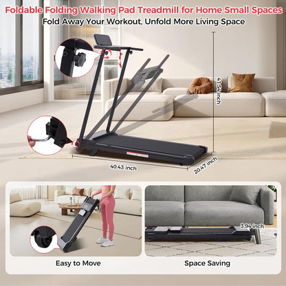 Walking Pad with Handle Bar, 2026 Upgrade Portable Small Treadmill with Handles for Home Small, 3.0HP under Desk Walking Pad Treadmill with Incline, 0.6-7.6MPH, 350LBS