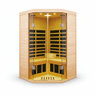 2-Person Corner Far Infrared Sauna Room - Hemlock Wood, Deluxe Transparent Glass Front, Large Capacity Home Sauna