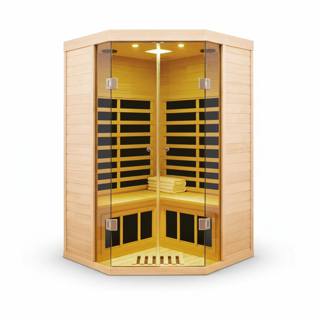 2-Person Corner Far Infrared Sauna Room - Hemlock Wood, Deluxe Transparent Glass Front, Large Capacity Home Sauna