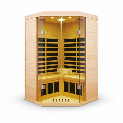 2-Person Corner Far Infrared Sauna Room - Hemlock Wood, Deluxe Transparent Glass Front, Large Capacity Home Sauna