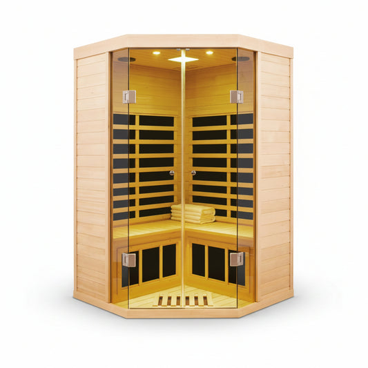 2-Person Corner Far Infrared Sauna Room - Hemlock Wood, Deluxe Transparent Glass Front, Large Capacity Home Sauna