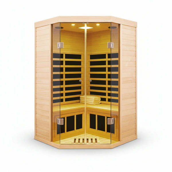 2-Person Corner Far Infrared Sauna Room - Hemlock Wood, Deluxe Transparent Glass Front, Large Capacity Home Sauna
